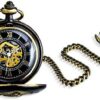Personalize IT Goth Punk Rock Biker Jewelry Caribbean Pirate Skull Crossbones Pocket Watch for Men Tow Tone Black Enamel Matt Antique Brass Finish White Dial with Long Pocket Chain - Image 2