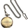 Personalize IT Goth Punk Rock Biker Jewelry Caribbean Pirate Skull Crossbones Pocket Watch for Men Tow Tone Black Enamel Matt Antique Brass Finish White Dial with Long Pocket Chain - Image 5